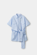 Blue shirt with 4 sleeves making a tie waist 
