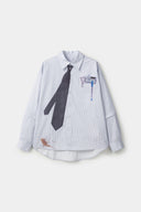 Light blue stripes shirt with a black tie graphic 
