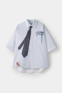 Light blue stripes shirt with a black tie graphic 
